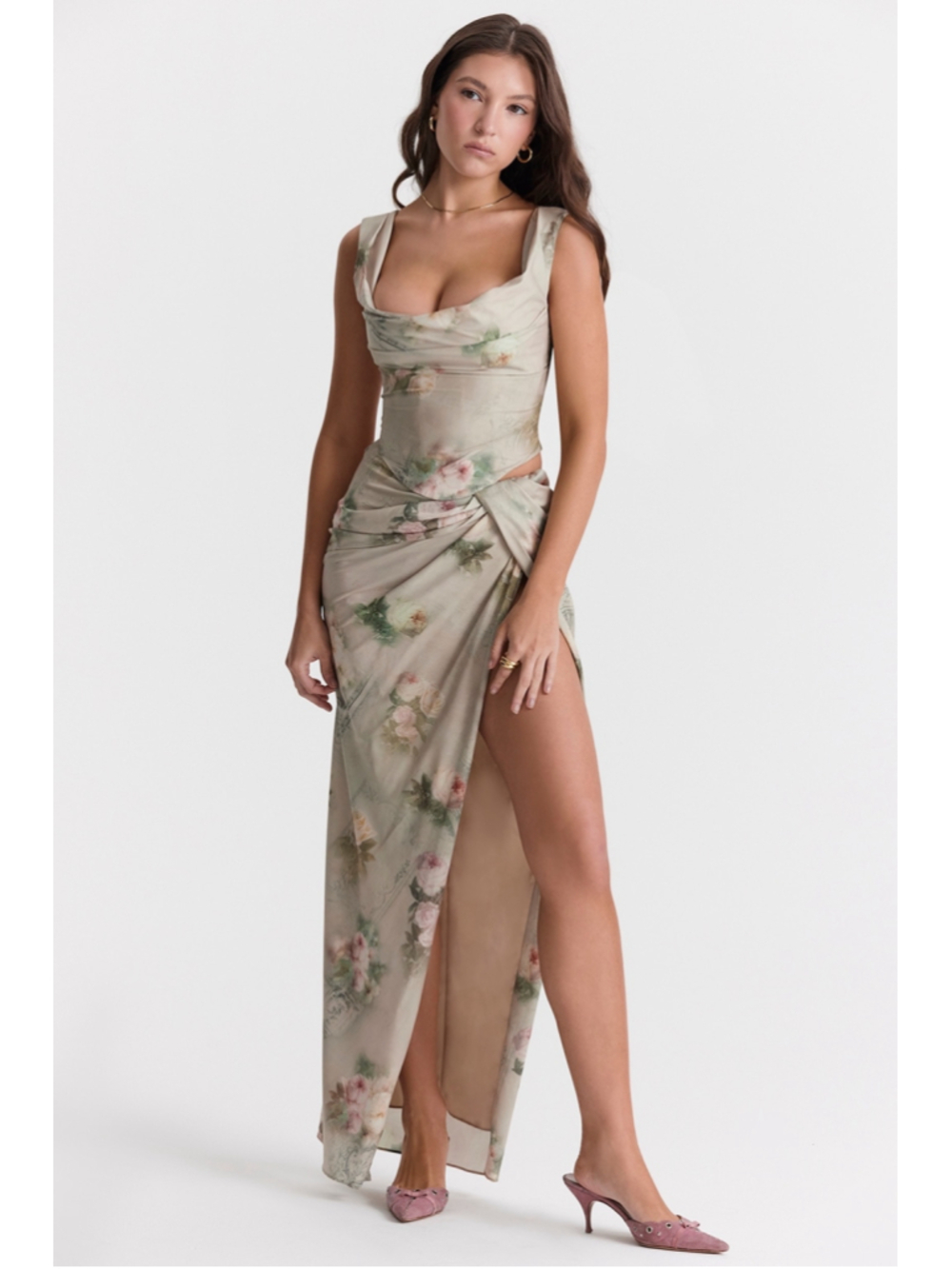 House of CB Vesper Vintage Floral Maxi Skirt Draped Goddess Look Green Pink